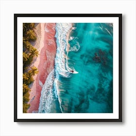 Aerial Photography Capturing A Surfer Amidst Azure Waves Tropical Beach In The Background Palm Tre (2) Art Print