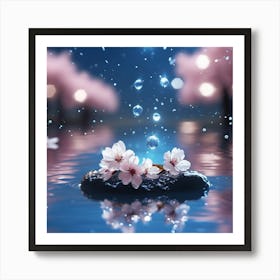 Cherry Blossom Reflections and Water Droplets Art Print