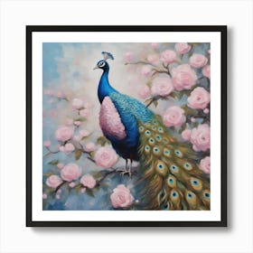 Peacock With Pink Roses Art Print