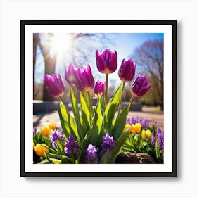 Bouquet Of Vibrant Purple Tulips Rising Toward A Majestic Sun In A Lush Spring Park Three Graceful (2) Art Print