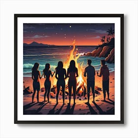 Groove In Der Nacht Serene Beach Easter Fire Gathering Beach Bonfire Clipart Surrounded By Driftwood Logs (2) Affiche