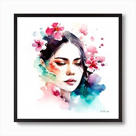 Beautiful Vientnamese Girl With Flower Decoration As A Colorful Water Painting Portrait Art Print