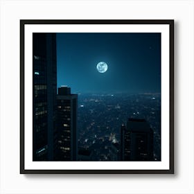 Full Moon Rising Over City At Night Art Print