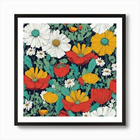 Argyle + Daisy+ Poppy+ Marigolds Pattern Art Print