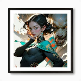 Nix. Illustration of a Woman with a monster in the background, Nix was the Goddess without fear Art Print