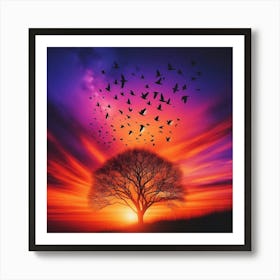 Birds Flying Over Tree Affiche