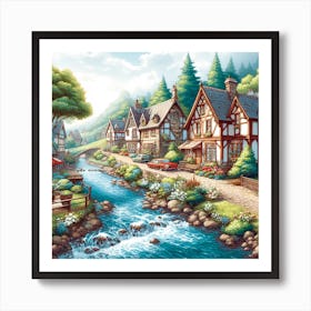 Stunning Painting Of A Village By A River Art Print