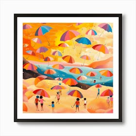 Umbrellas On The Beach, Naïve Folk Art Print