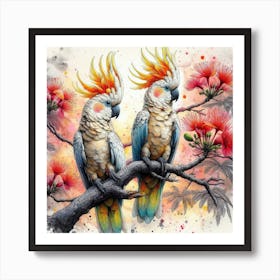 A Pair Of Citron Crested Cockatoos Art Print
