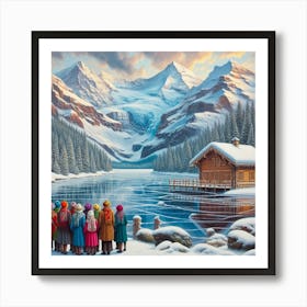 Cabin In The Snow with alpp mountains Switzerland Art Print