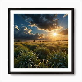 A Beautiful Blue Heavenly Sky With The Sun Peeking Behind Glowing Onto A Landscape 2 1 Art Print