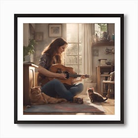 Girl Plays Guitar With Cats Art Print