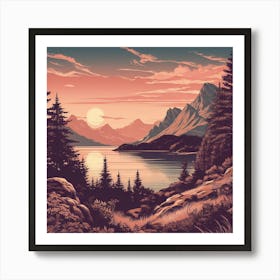 Evening Rosegold Beach at sunset amidst the mountains in an art print 3 Art Print