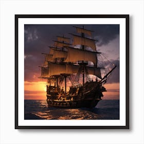 Pirate Ship At Sunset Art Print