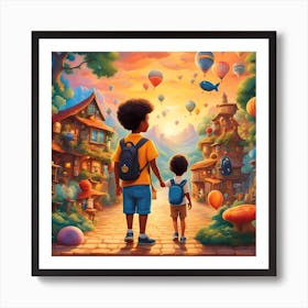 Boy And Girl With Hot Air Balloons Art Print