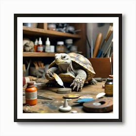 Tortoise Attaching The Feathers To His Shell Using The Special Glue Art Print