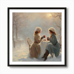 Two Women Drinking Coffee In The Snow 1 Art Print