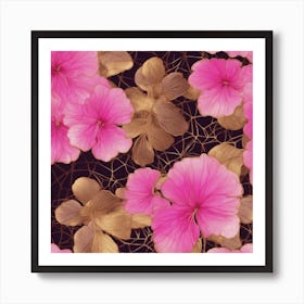 Seamless Pattern Of Elegant Geranium Floral Motifs In Pink, Adorned With Gold Lines 1 Art Print