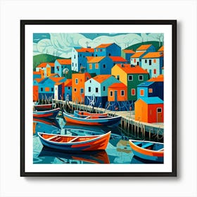 Fishing Village Colorful Cubism Style Art Print