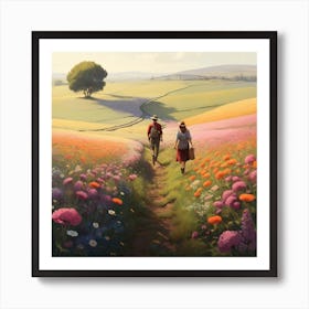 Two People Walking Through A Field Of Flowers Art Print