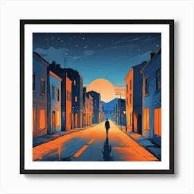 Night Scene Of A Street With A Person Walking Down The Street Art (3) Art Print