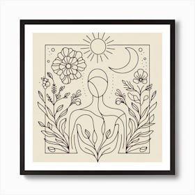 Line Drawing Of A Woman With Flowers Art Print