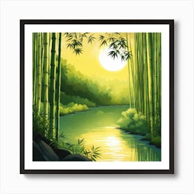 A Stream In A Bamboo Forest At Sun Rise Square Composition 225 Art Print