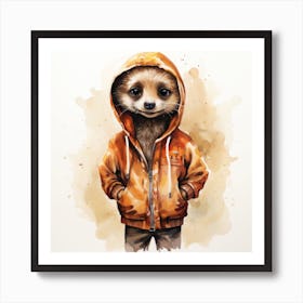 Watercolour Cartoon Meerkat In A Hoodie 1 Art Print