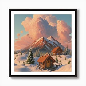 Mountain village snow wooden huts 7 Art Print