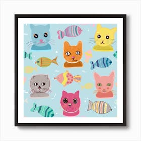 Cute Cat Faces Pattern Blue Background Square Art Print