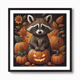 Raccoon With Halloween Pumpkin Art Print