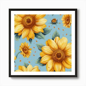 Sunflowers On Blue Background Art Print