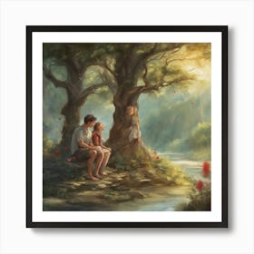 Father And Son Sitting By The River Art Print
