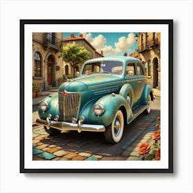 Old Car On Cobblestone Street Art Print