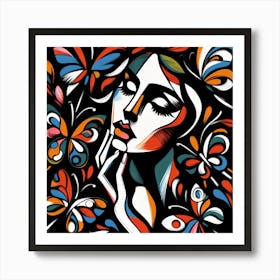 Vivid Coloured Portrait with Butterflies Abstract Art Print