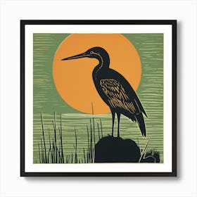 Retro Bird Lithograph Green Heron 2 Art Print