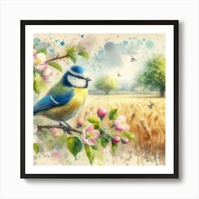 Nature's Harmony: Blue Tit and Apple Blossoms in Watercolor Splendor. Art Print