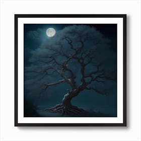 Pearl Tree In Night, With Bright Moon Art Print