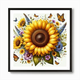 Sunflowers And Butterflies 1 Art Print