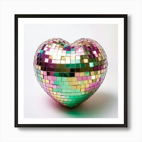 Floating Heart Shaped Disco Ball Reflection In 3d Integrating Gold Pink Orange Purple Green Am Art Print