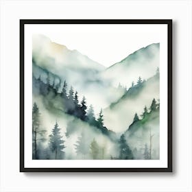 Appalachian Mountains of Misty Pines Watercolor Print of Evergreen Forest..361 Art Print