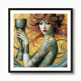 Enchanting Celtic Priestess Art: Yayoi Kusama, Gustav Klimt, and Vlad Safronov's Masterpiece in Watercolor and Ink. Art Print