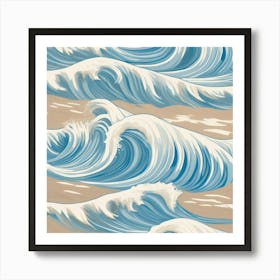 Ocean Waves Gentle Pencil Drawings Of Waves Highlighted With Shades Of Light Blue ,Sandy Beige Art Print