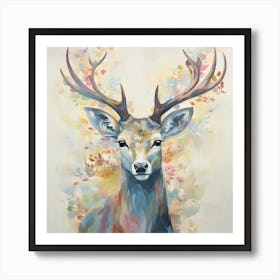 Rentier Hirsch Pastell Malerei mit Blumen und Blätter Art Print