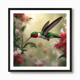 Emphasise On A Ruby Throated Hummingbird Energetic In Nature Feeding On Nectar From Alluring Bloom 13568030 Art Print