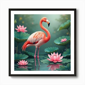 Flamingo With Lotus Flowers 1 Art Print