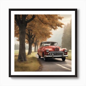 Red Vintage Car On A Country Road Art Print