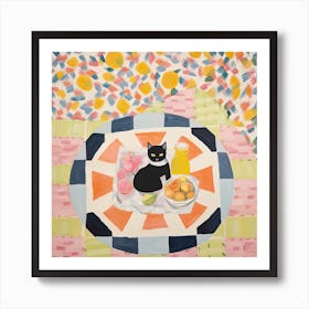 Pastel Colours Black Cat In A Picnic Blanket Art Print
