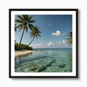 A Tranquil Beach With Crystal Clear Water And Palm Trees Swaying In The Breeze 2 Art Print