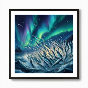 Sardines Dancing Under The Northern Lights In The Arctic Ocean, Style Realistic Oil Painting 2 Art Print